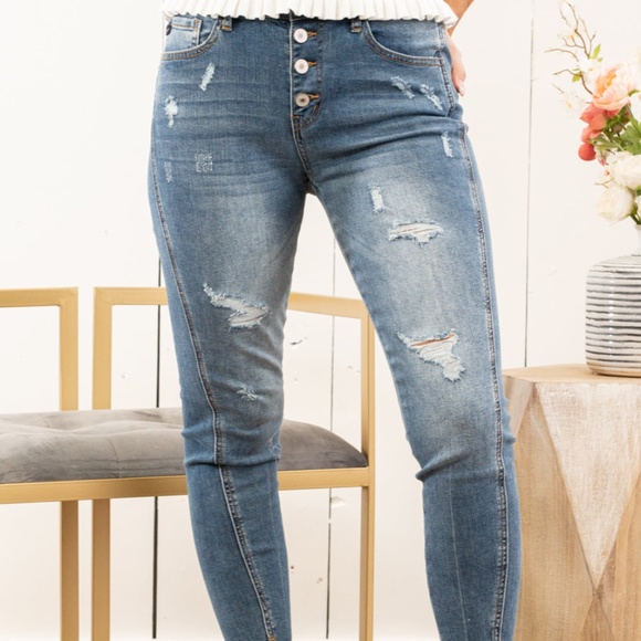 KanCan Button Fly High Rise Skinny Distressed - Picture 3 of 15